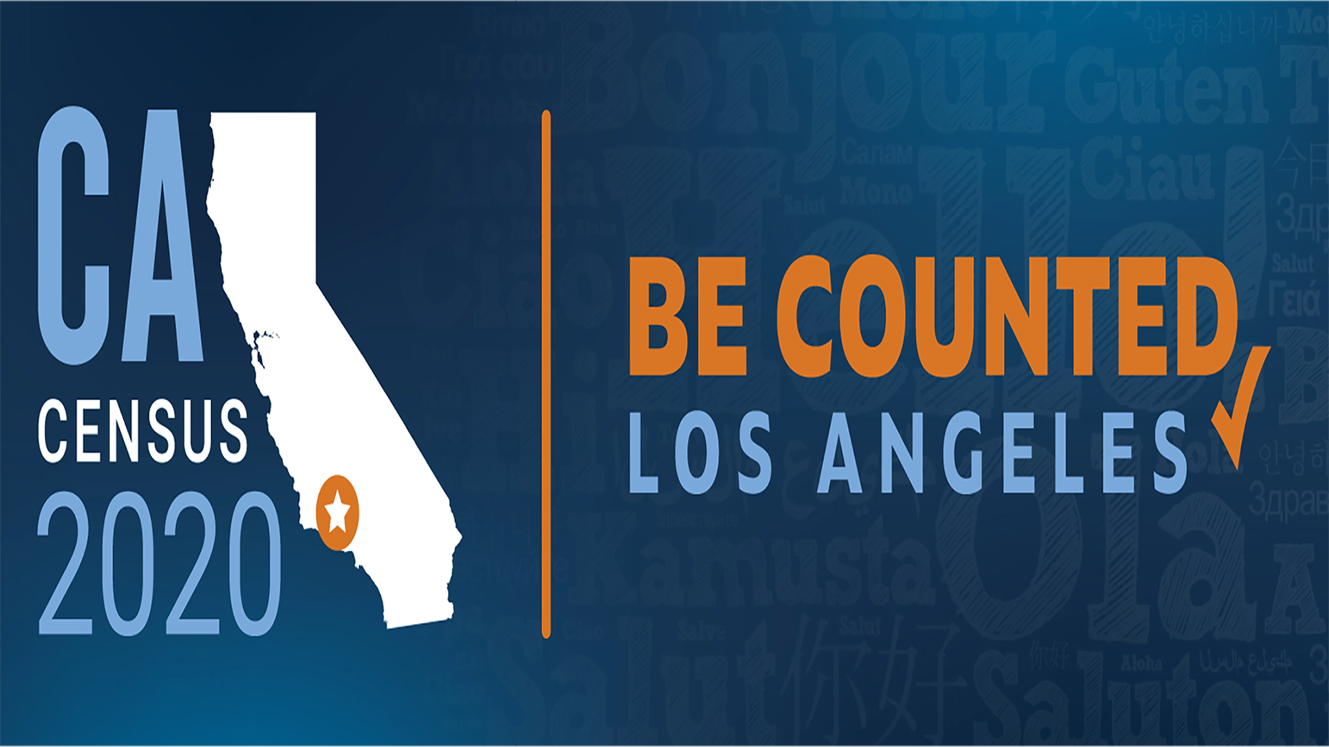 Banner of California Map Logo with text Census 2020 Be Counted Los Angeles.