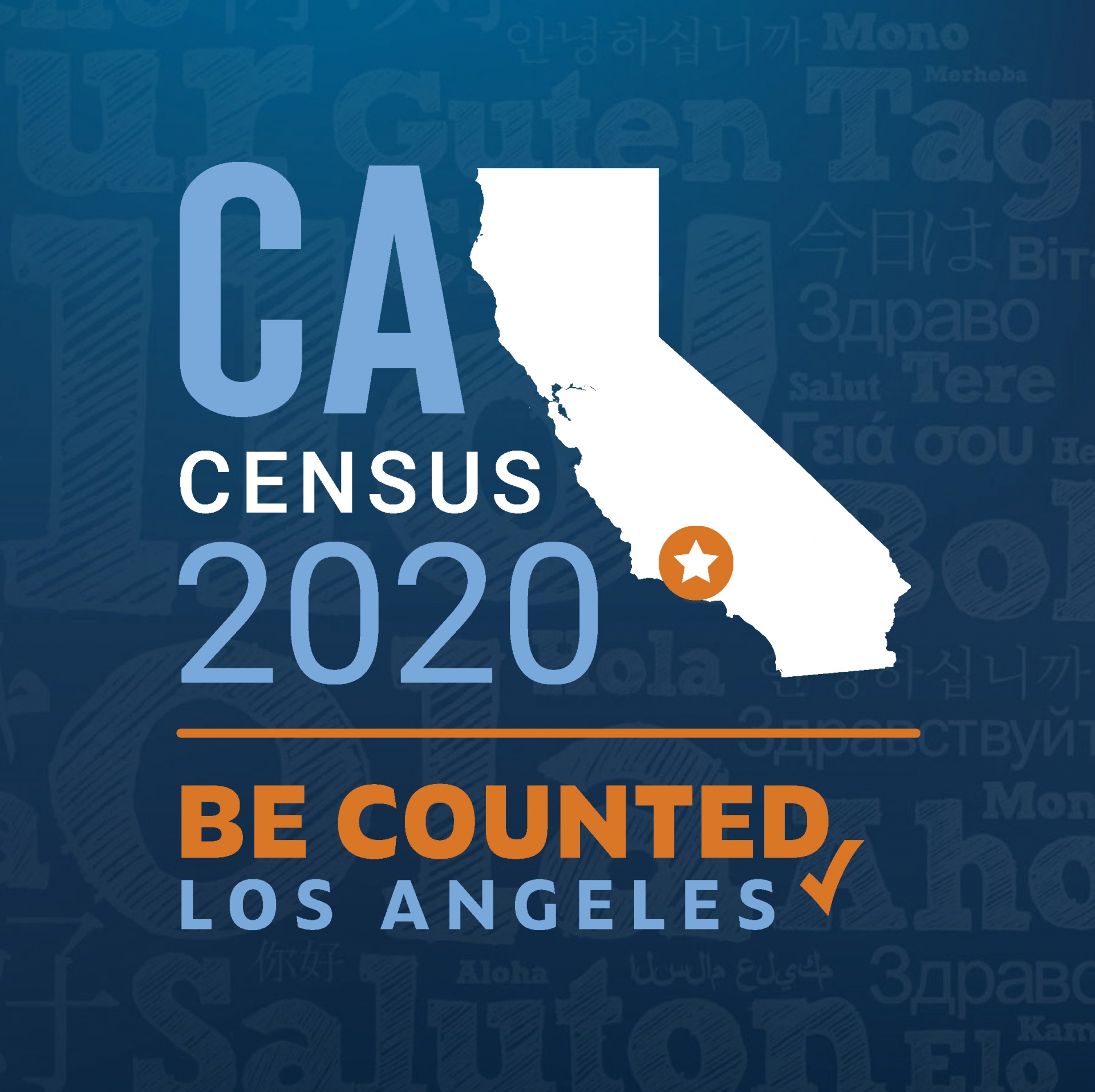 California Census 2020 Logo with map and text Be Counted Los Angeles.