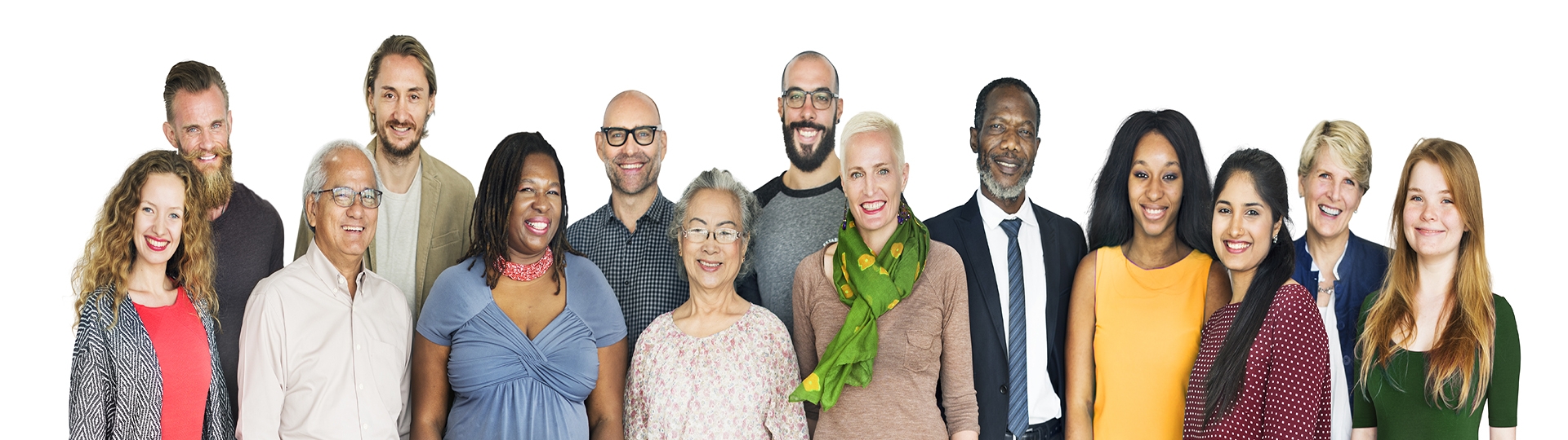 Banner of a diverse group of people smiling. 
