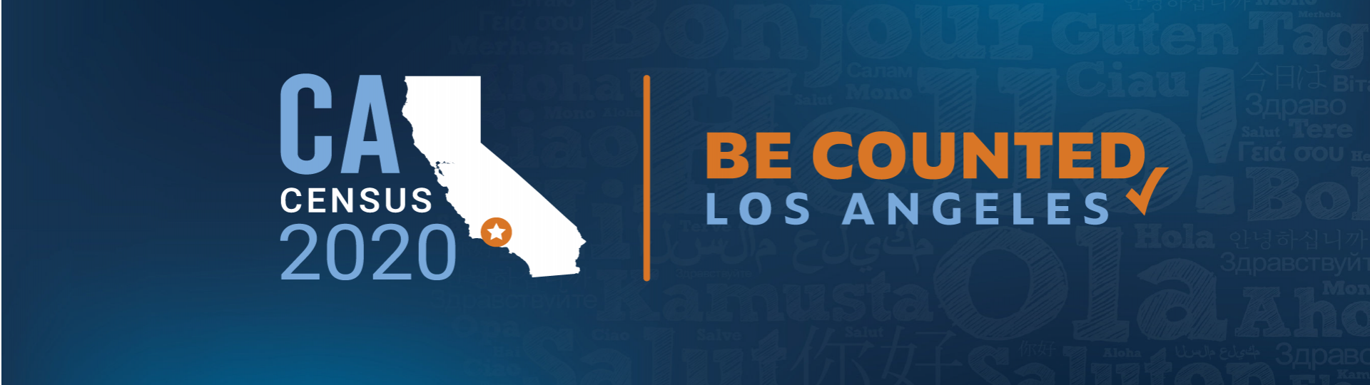 โลโก้การจัดทำสำมะโนประชากรในปี 2020 ของรัฐแคลิฟอร์เนีย พร้อมแผนที่และข้อความ Be Counted Los Angeles